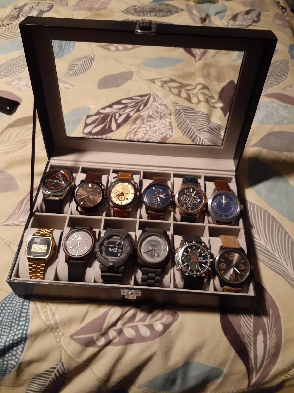 12-Slot Watch Box, Watch Holder with Glass Lid, Watch Case with Removable Watch Pillow, Watch Display, Black Synthetic Leather
