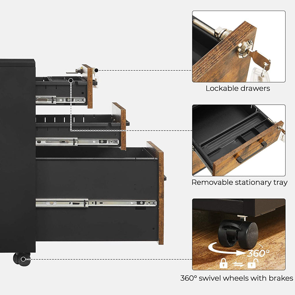 Mobile File Cabinet, Office Filing Cabinet with Wheels and Lock for A4