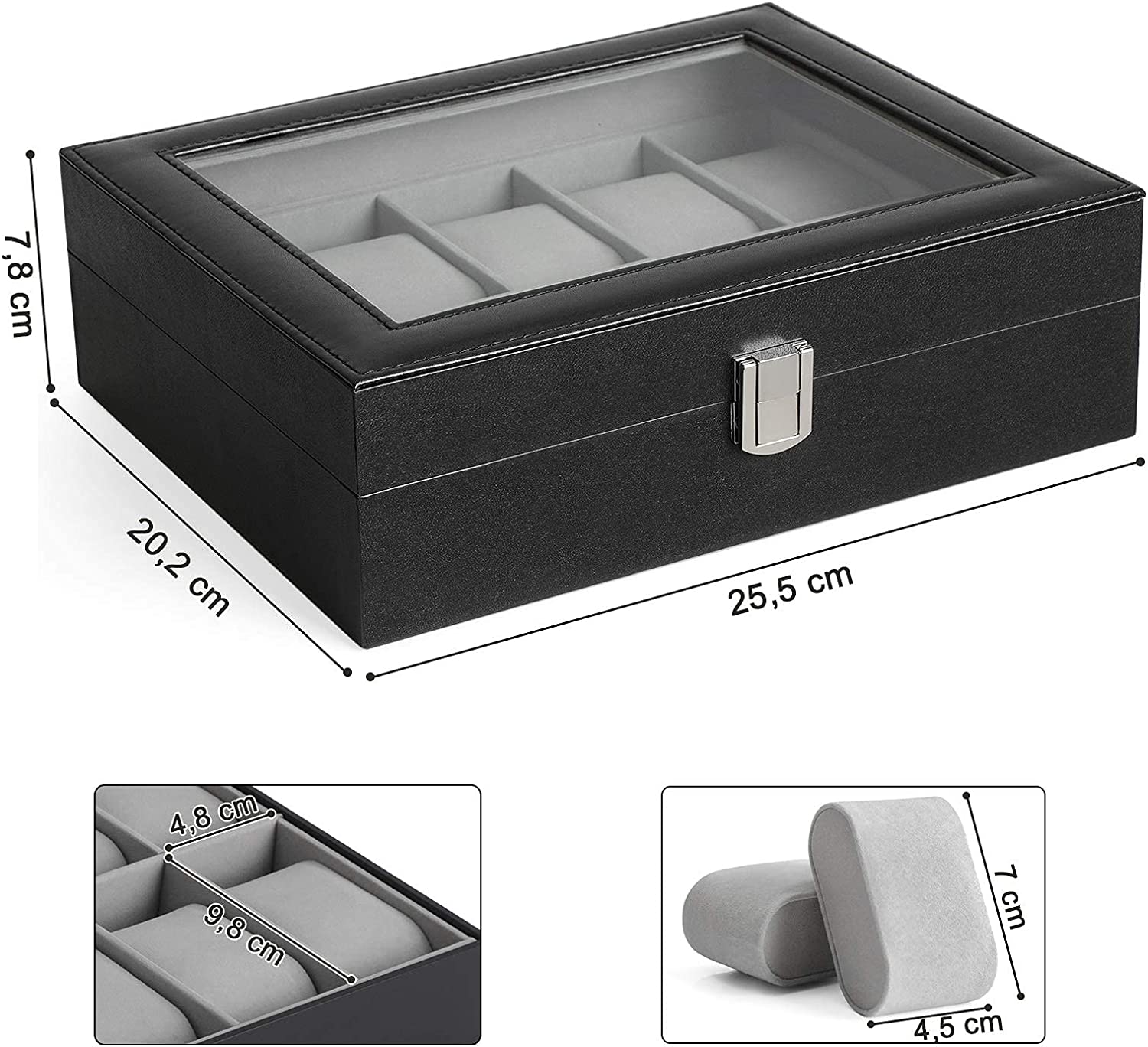 Faux Leather, 10 Slots Box, Holder with Glass Lid, Case with Removable Pillow