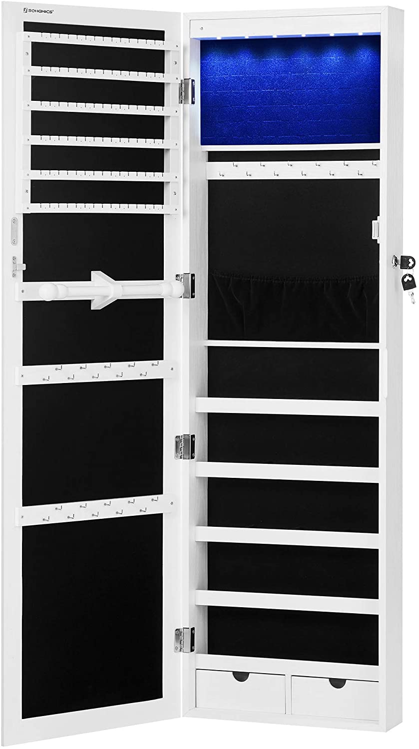 6 LEDs Jewelry Cabinet, Lockable Wall/Door Mounted Jewelry Armoire Organizer with Mirror and 2 Drawers
