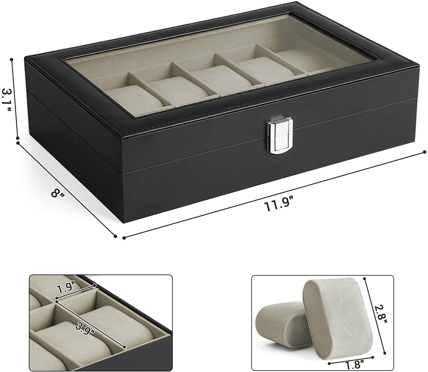 12-Slot Watch Box, Watch Holder with Glass Lid, Watch Case with Removable Watch Pillow, Watch Display, Black Synthetic Leather