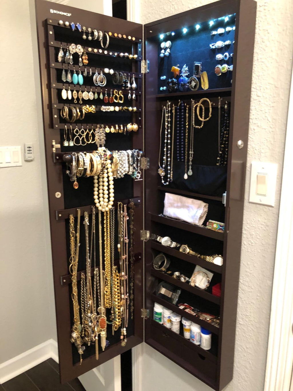 47" H Full Screen Mirrored Jewelry Cabinet Armoire, 6 LEDs Jewelry Organizer Wall Hanging/Door Mounted, Larger Capacity