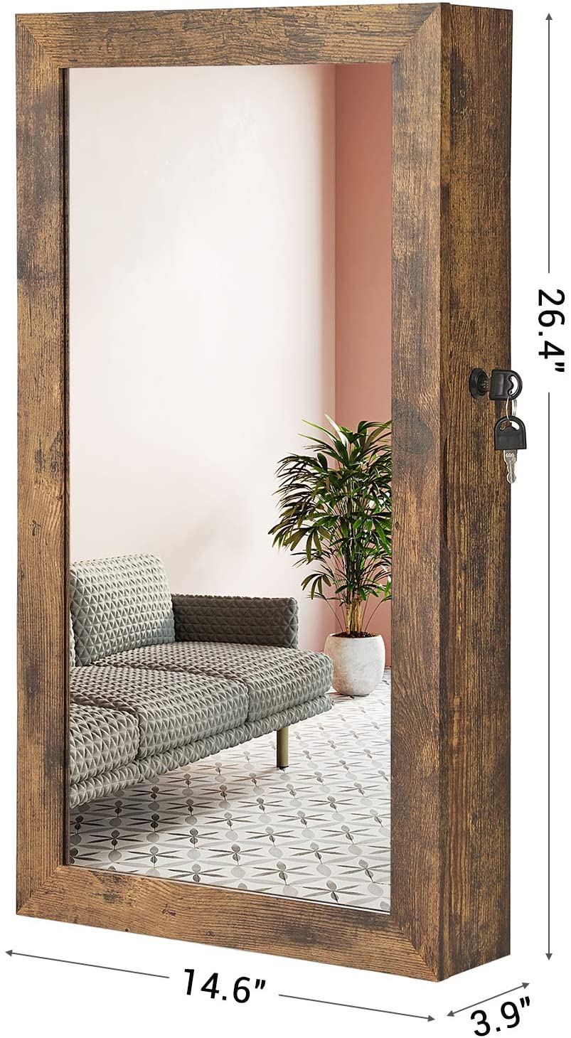 Lockable Jewelry Cabinet Armoire with Mirror, Wall-Mounted Space Saving Jewelry Storage Organizer, Rustic Brown