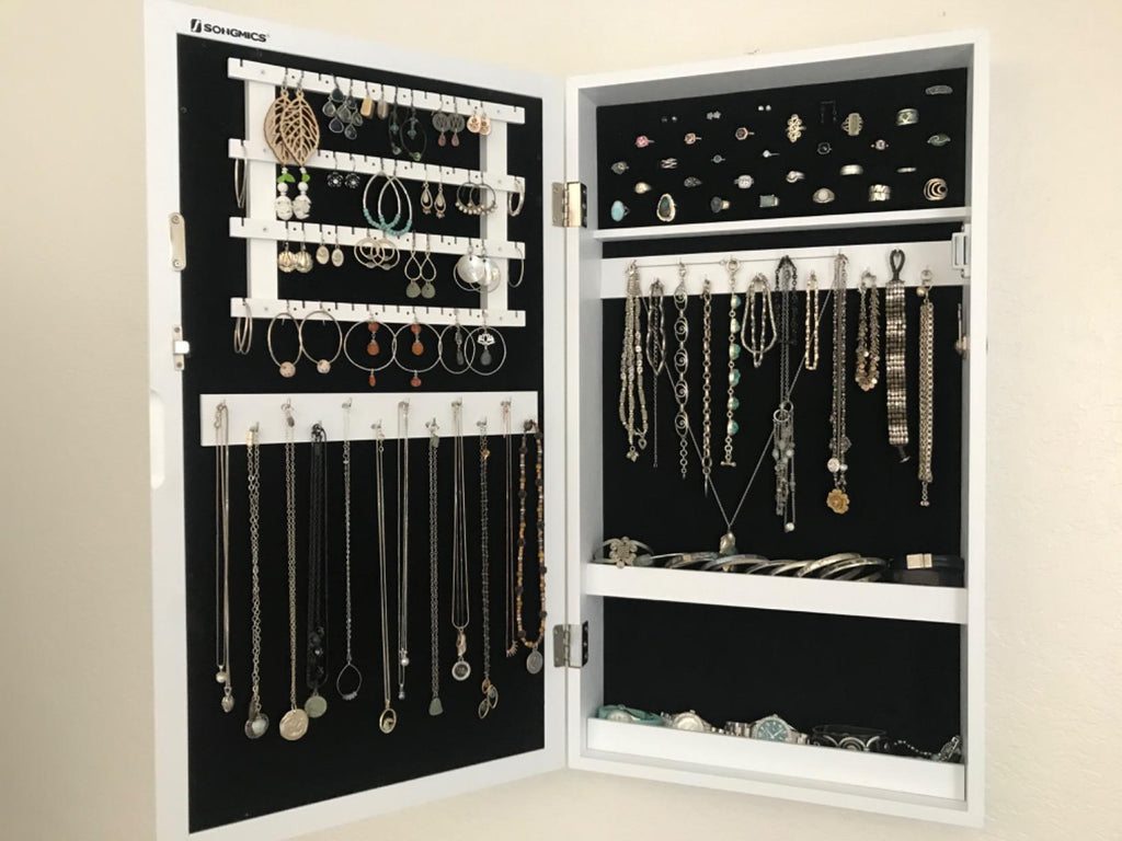 Lockable Jewelry Cabinet Armoire with Mirror, Wall-Mounted Space Saving Jewelry Storage Organizer, Rustic Brown