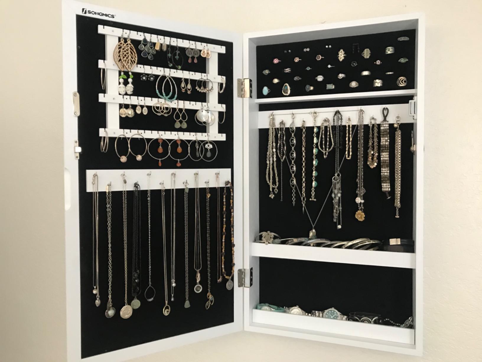 Lockable Jewelry Cabinet Armoire with Mirror, Wall-Mounted Space Saving Jewelry Storage Organizer, Rustic Brown