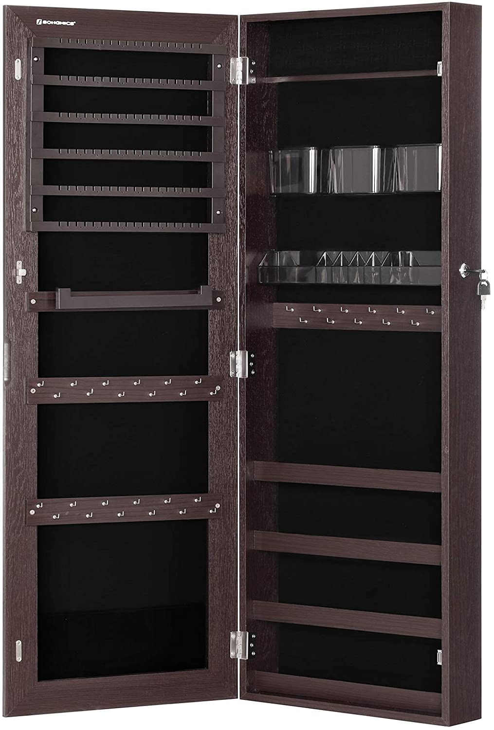 Mirror Jewelry Cabinet Armoire, Lockable Wall-Mounted Storage Organizer Unit