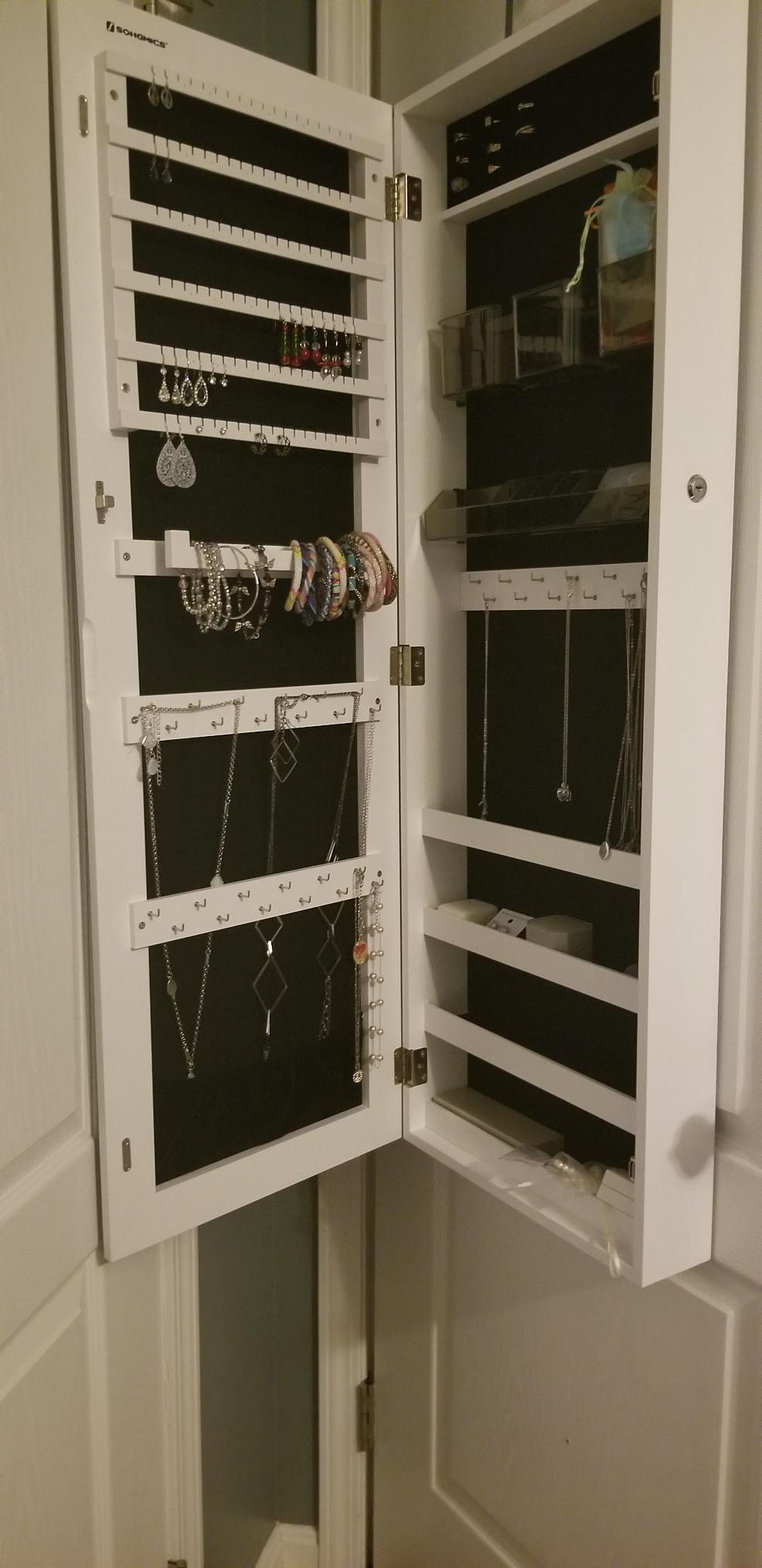 Mirror Jewelry Cabinet Armoire, Lockable Wall-Mounted Storage Organizer Unit