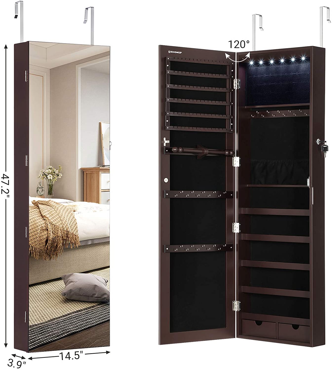 47.2" H Full Screen Mirrored Jewelry Cabinet Armoire, 6 LEDs Jewelry Organizer Wall Hanging/Door Mounted, Larger Capacity