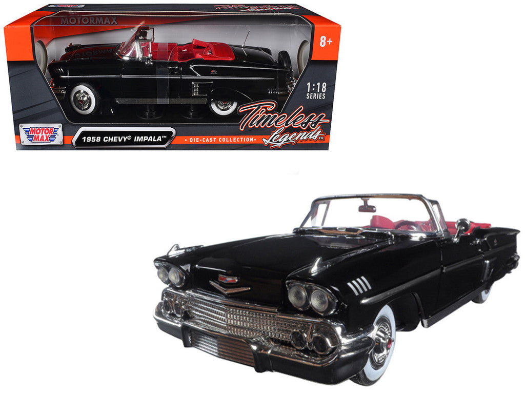 1958 Chevrolet Impala Convertible Black with Red Interior "Timeless Classics" 1/18  Diecast Model Car by Motormax