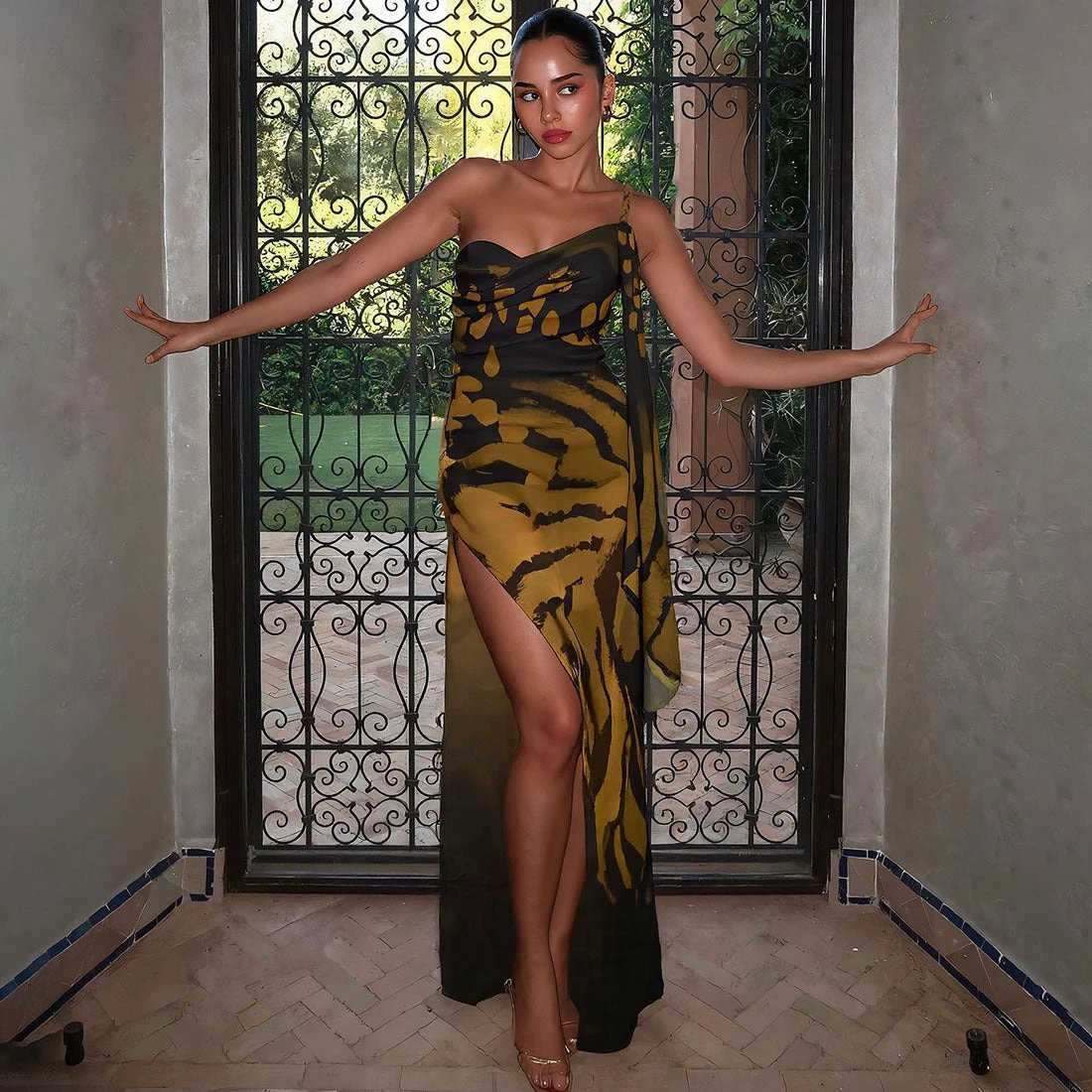 Elegant One Shoulder Printing Color Contrast Mesh Slim Fit Slimming Dress