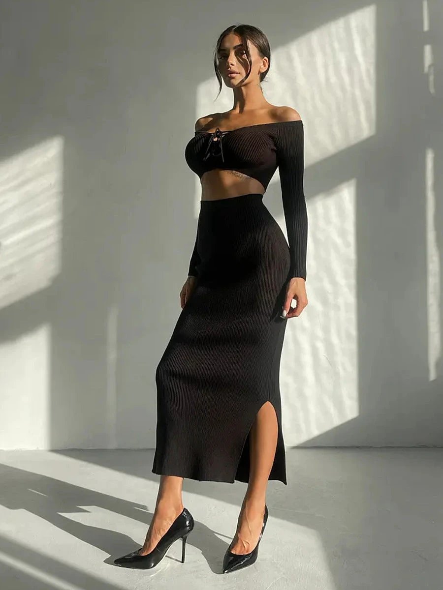 Autumn Winter Sexy Long Sleeve Sweater Dress Two-piece Set Skinny Knit