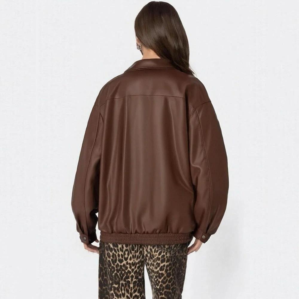 Women's Leather Jacket Loose Long Sleeve Lapel Motorcycle Jacket