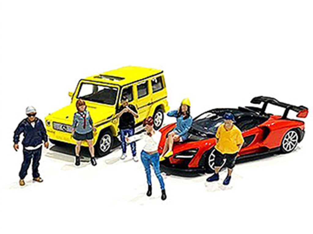 "Car Meet 1" 6 piece Diecast Figurine Set for 1/64 Scale Models by American Diorama