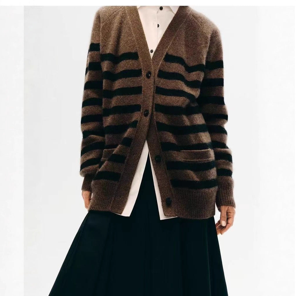 Womens Striped Wool Color-Block Knitted Cardigan Coat