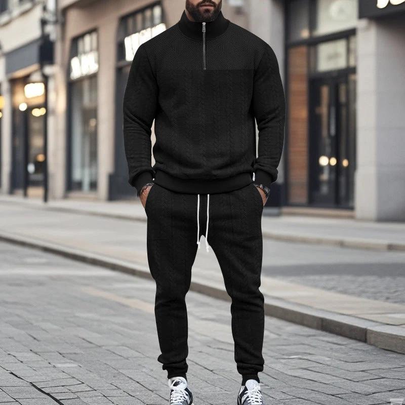 Men's Casual Fleece-lined Warm-up Zippered Track Pants Set