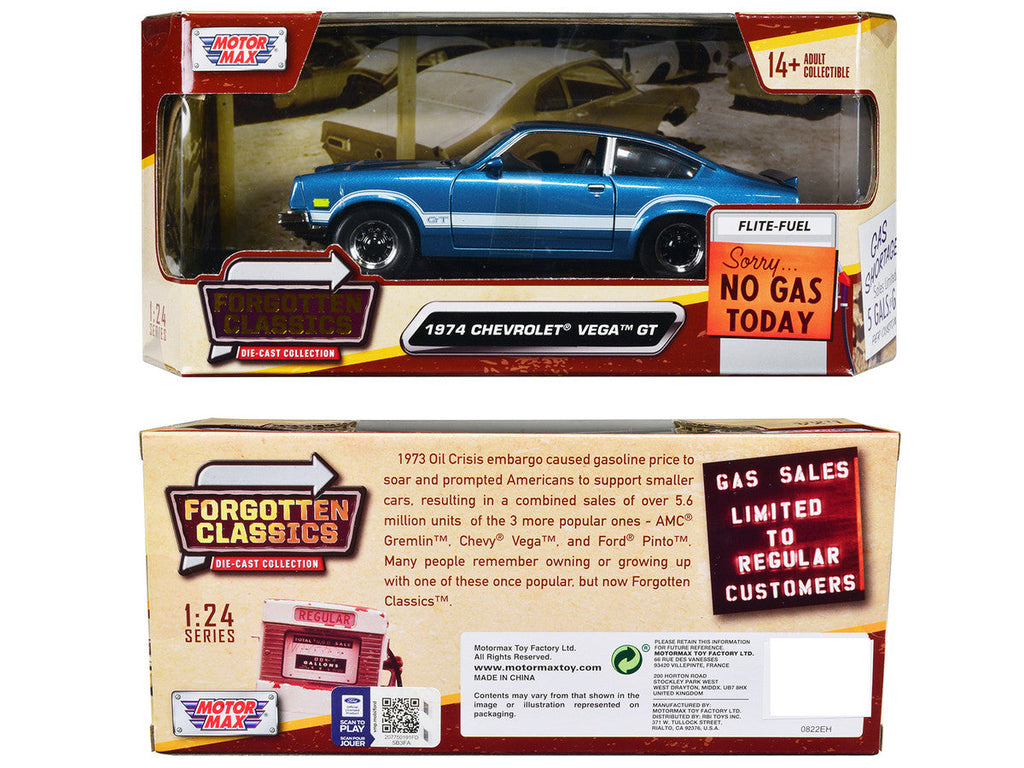 1974 Chevrolet Vega GT Blue Metallic with White Stripes "Forgotten Classics" Series 1/24 Diecast Model Car by Motormax