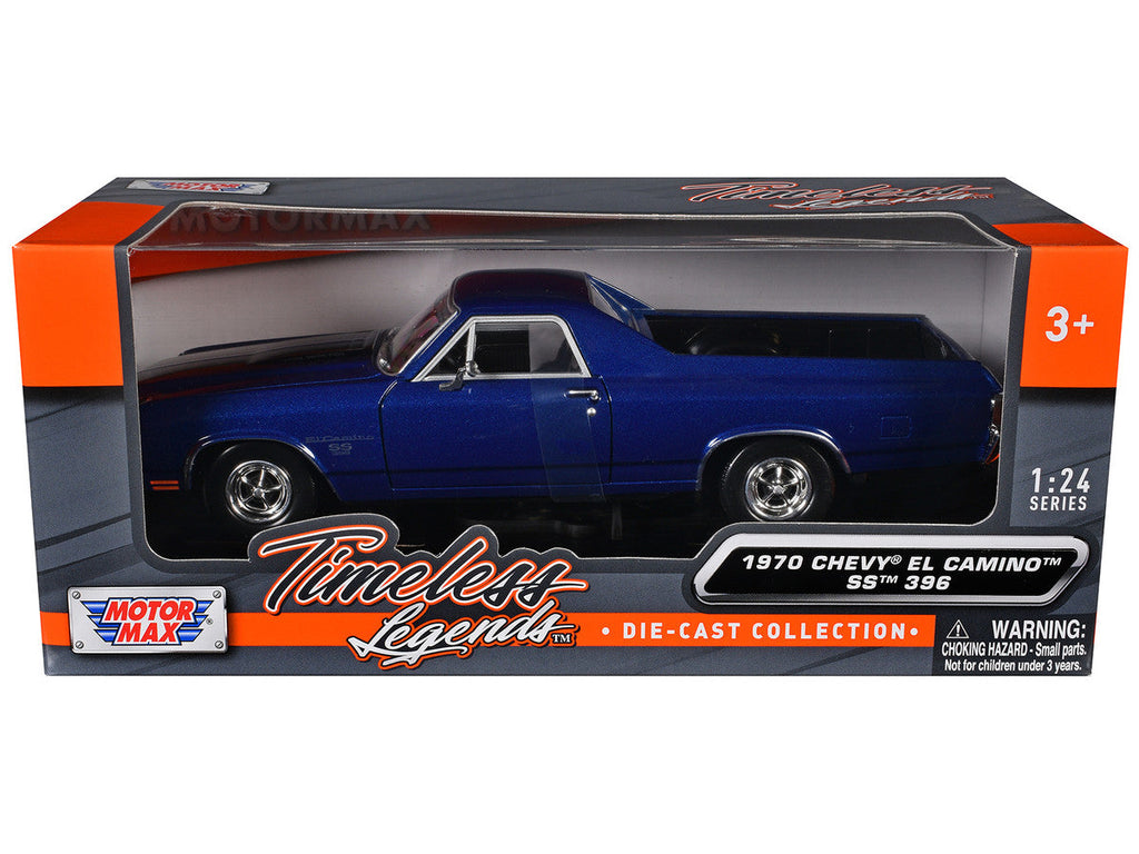 1970 Chevrolet El Camino SS 396 Dark Blue Metallic with Black Stripes 1/24 Diecast Model Car by Motormax