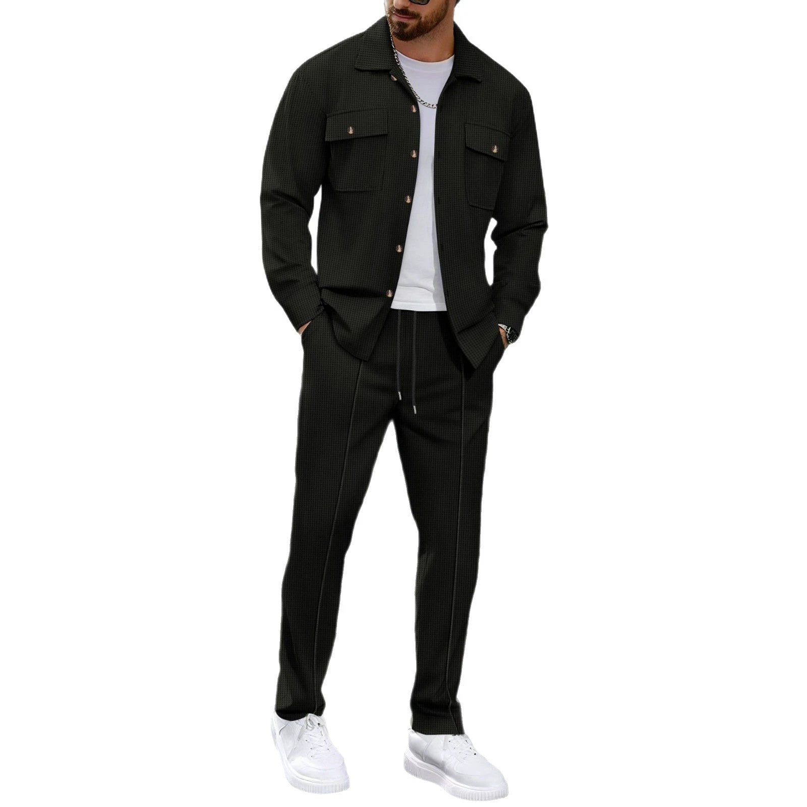 Autumn New Waffle Long-sleeved Trousers Two-piece Set Cardigan Shirt Suit