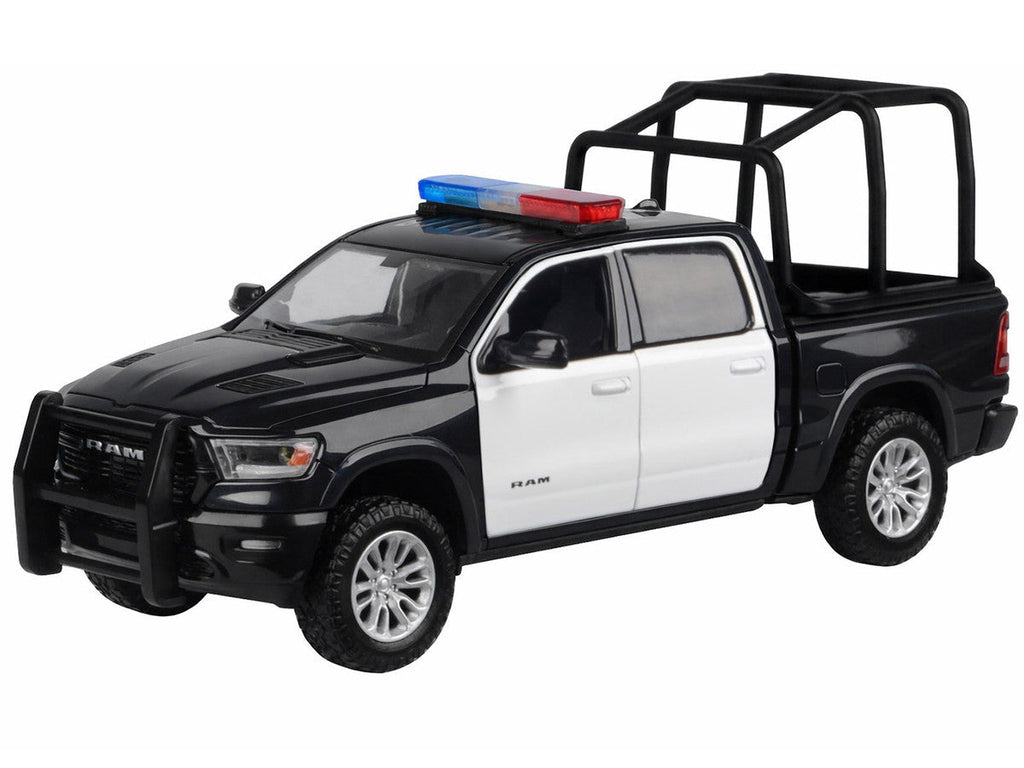 2019 RAM 1500 Laramie Crew Cab Pickup Truck with Bed Cage Black and White with Flashing Light Bar and Front and Rear Lights and Sounds 1/27 Diecast Model Car by Motormax