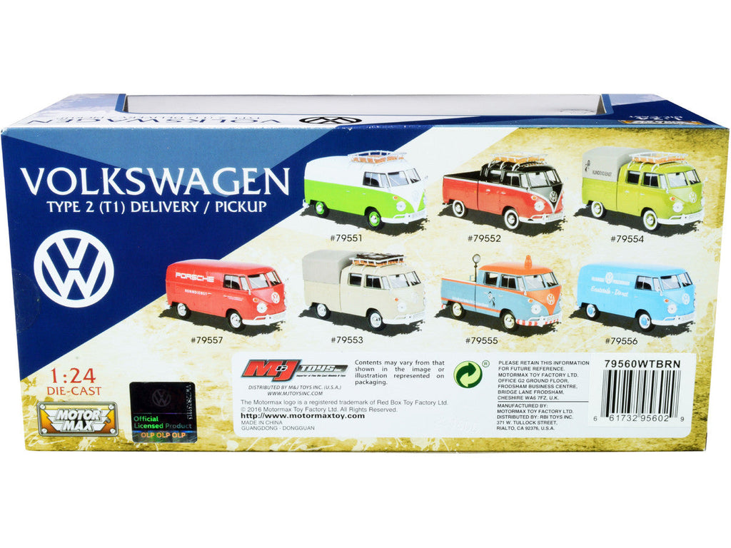 Volkswagen Type 2 (T1) Pickup White and Yellow with Wood Paneling with Surfboard 1/24 Diecast Model Car by Motormax
