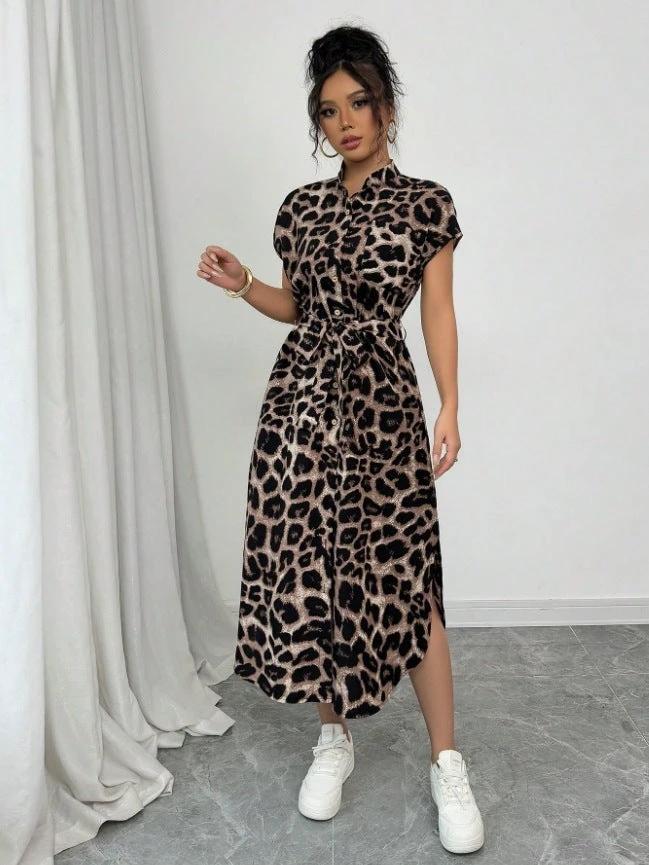 Leopard Print Front Button Shirt Belt Bow Shirt For Women
