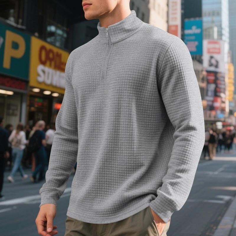 Men's Stand Collar Half Zip Small Plaid Sweater
