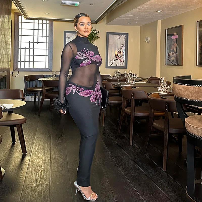 Butterfly Rhinestone Long Sleeve Dress