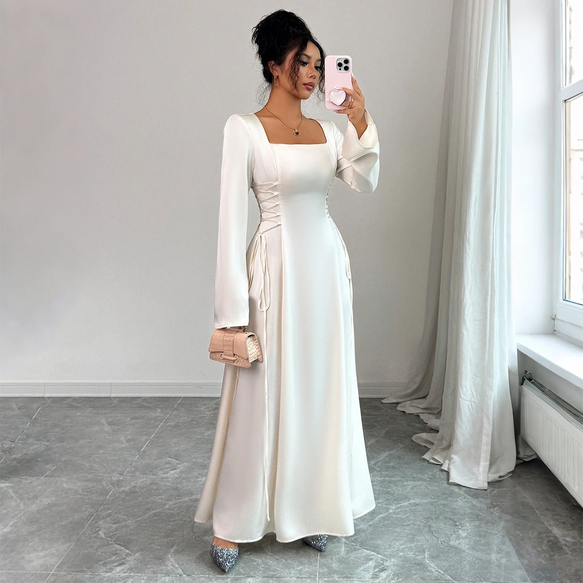 Elegant Solid Color Long Sleeve Dress Women's Clothing
