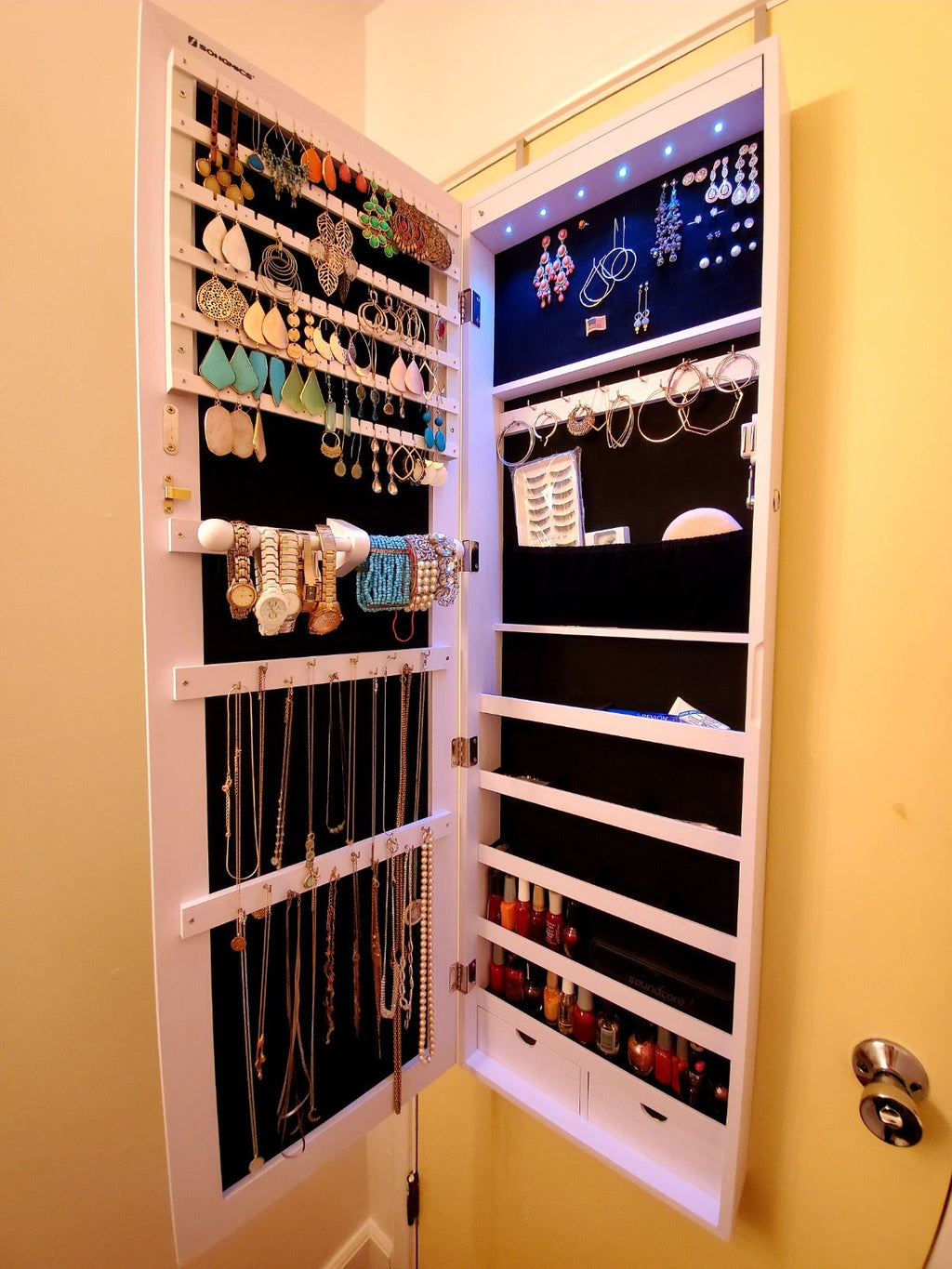 47" H Full Screen Mirrored Jewelry Cabinet Armoire, 6 LEDs Jewelry Organizer Wall Hanging/Door Mounted, Larger Capacity