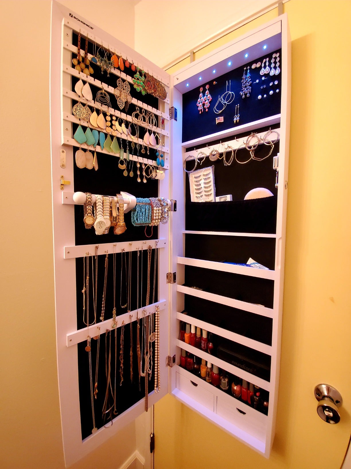 47" H Full Screen Mirrored Jewelry Cabinet Armoire, 6 LEDs Jewelry Organizer Wall Hanging/Door Mounted, Larger Capacity