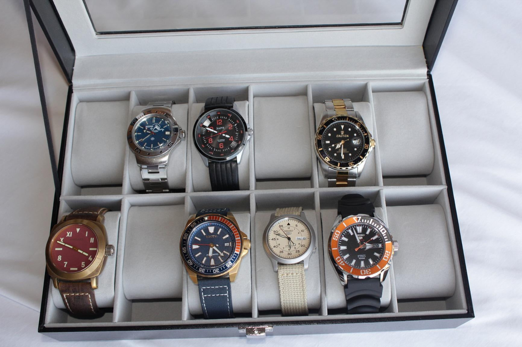 12-Slot Watch Box, Watch Holder with Glass Lid, Watch Case with Removable Watch Pillow, Watch Display, Black Synthetic Leather