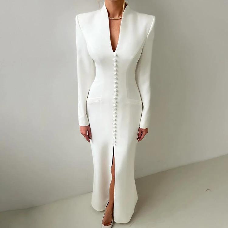 V-neck Long Sleeve High Waist Slit French Dress
