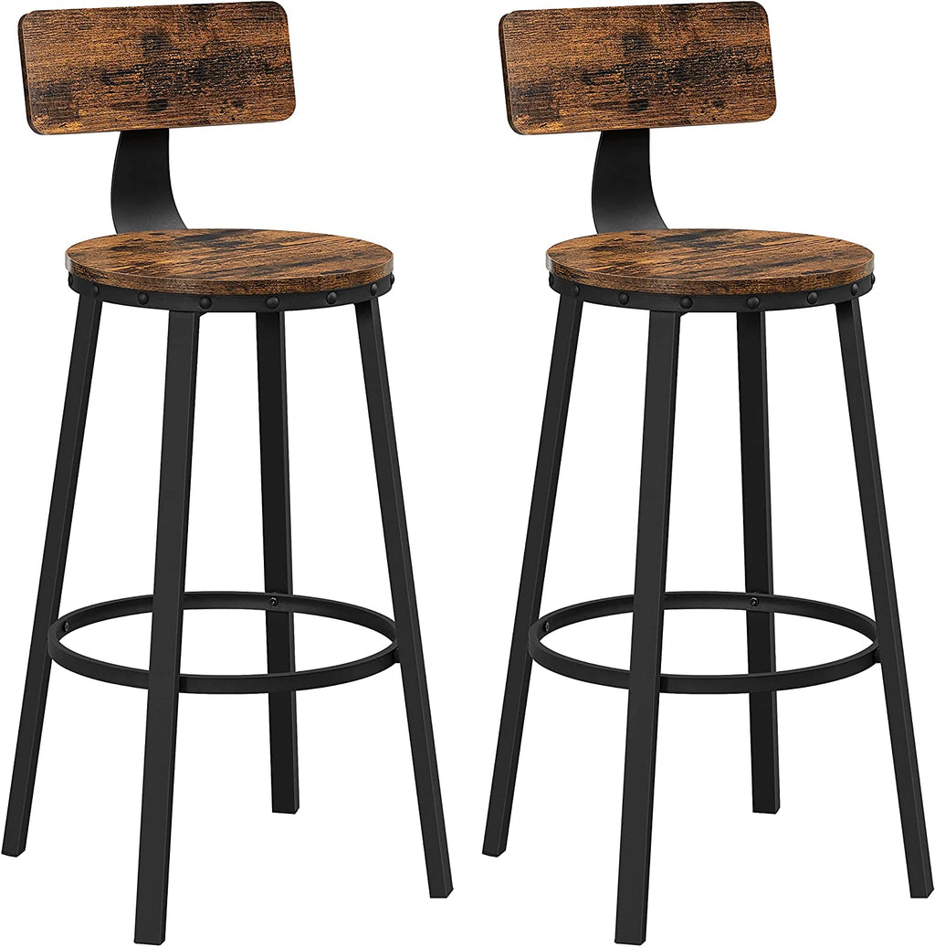 Tall Bar Stools, Set of 2 Bar Chairs, Kitchen Stools with Backrest, Steel Frame, 28.7-Inch High Seat