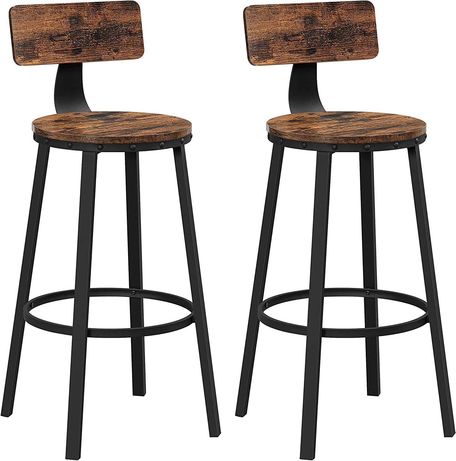 Tall Bar Stools, Set of 2 Bar Chairs, Kitchen Stools with Backrest, Steel Frame, 28.7-Inch High Seat