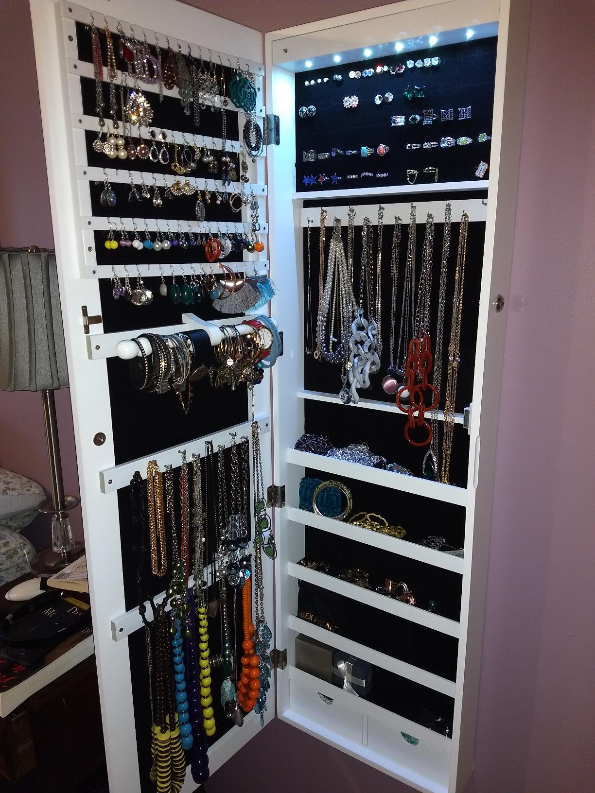 47.2" H Full Screen Mirrored Jewelry Cabinet Armoire, 6 LEDs Jewelry Organizer Wall Hanging/Door Mounted, Larger Capacity