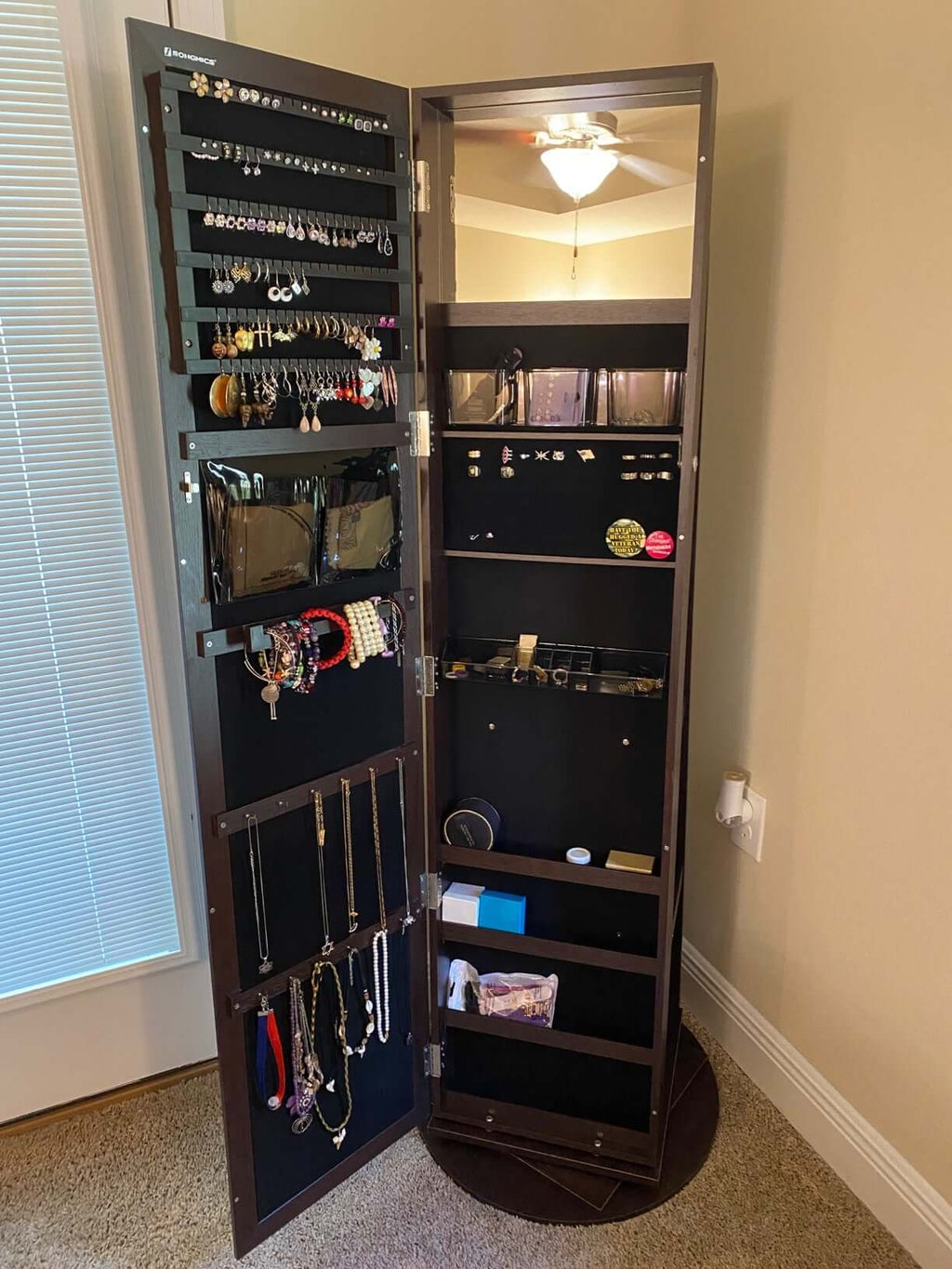 360° Swivel Jewelry Cabinet, Lockable Jewelry Organizer with Full-Length Mirror, Rear Storage Shelves