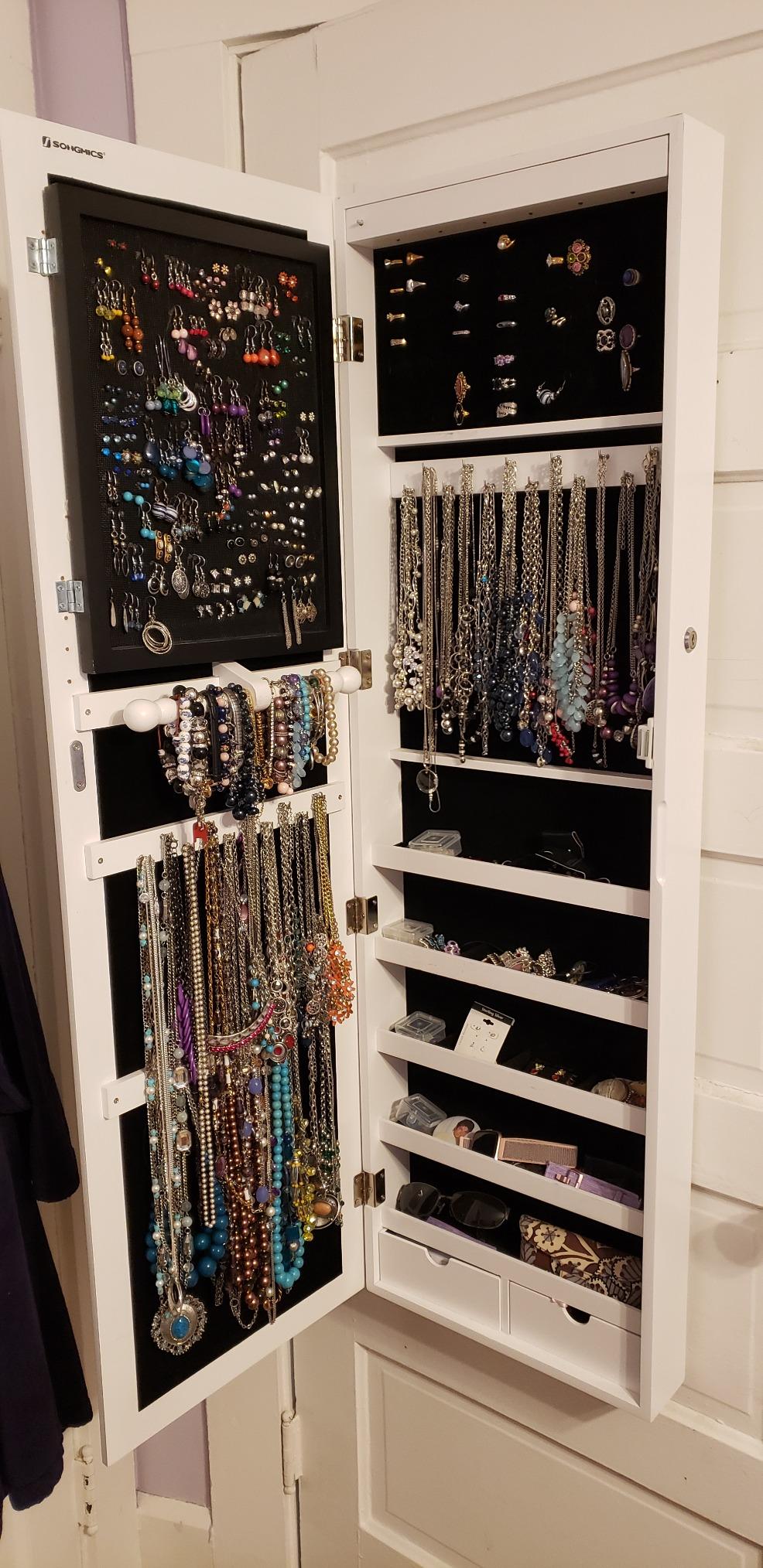 6 LEDs Jewelry Cabinet, Lockable Wall/Door Mounted Jewelry Armoire Organizer with Mirror and 2 Drawers