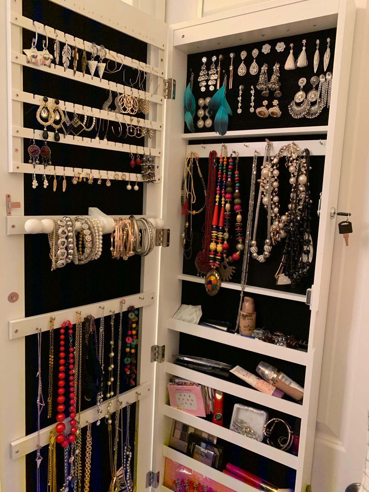 47.2" H Full Screen Mirrored Jewelry Cabinet Armoire, 6 LEDs Jewelry Organizer Wall Hanging/Door Mounted, Larger Capacity