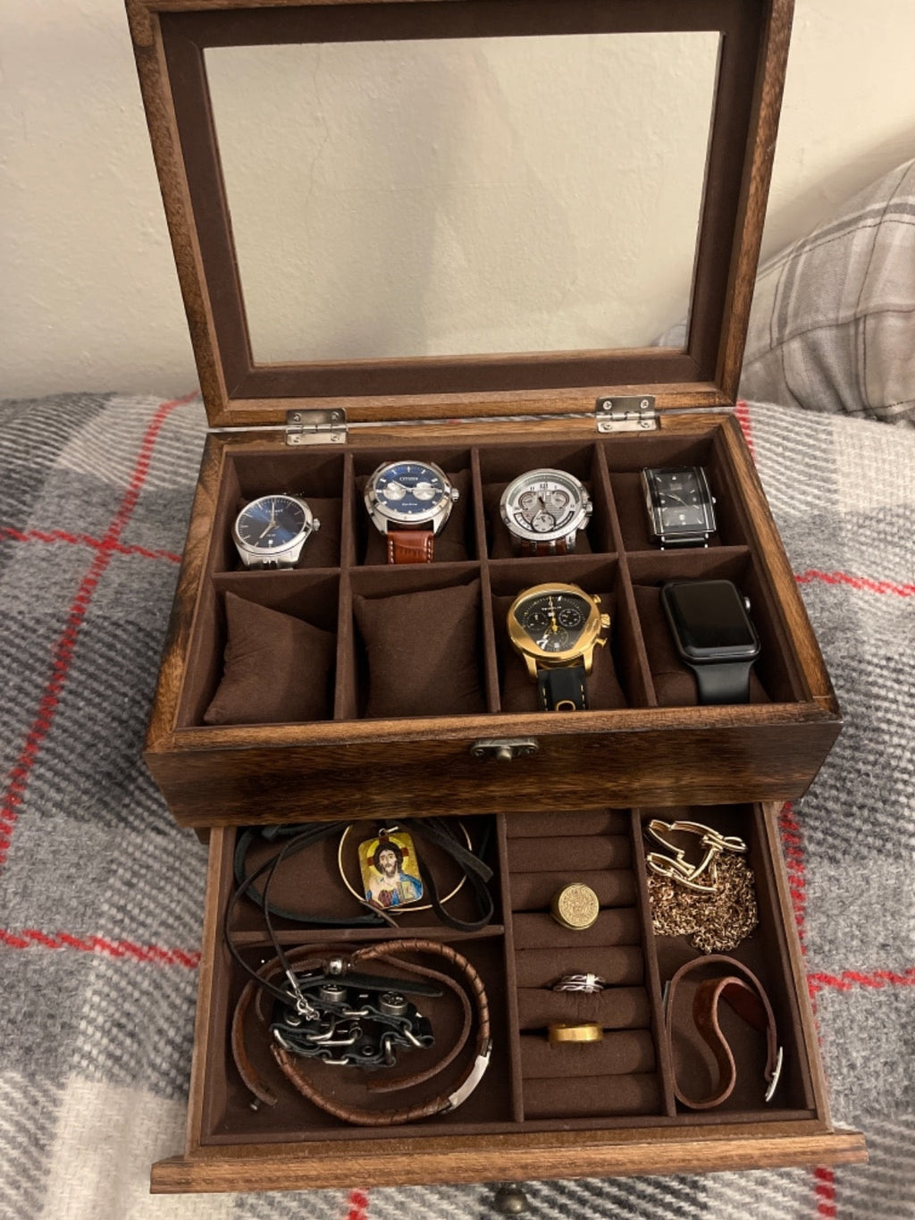 Solid Wood Watch Box, 8-Slot Watch Case with Pillows, Glass Lid, Rustic Walnut