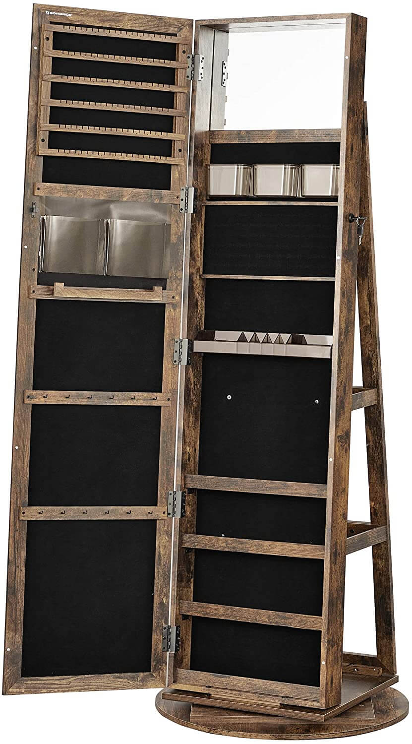 360° Swivel Jewelry Cabinet, Lockable Jewelry Organizer with Full-Length Mirror, Rear Storage Shelves