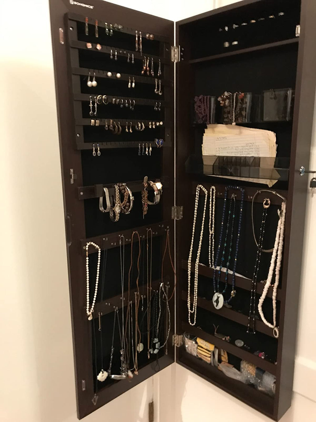 Mirror Jewelry Cabinet Armoire, Lockable Wall-Mounted Storage Organizer Unit with 2 Cosmetic Storage Trays