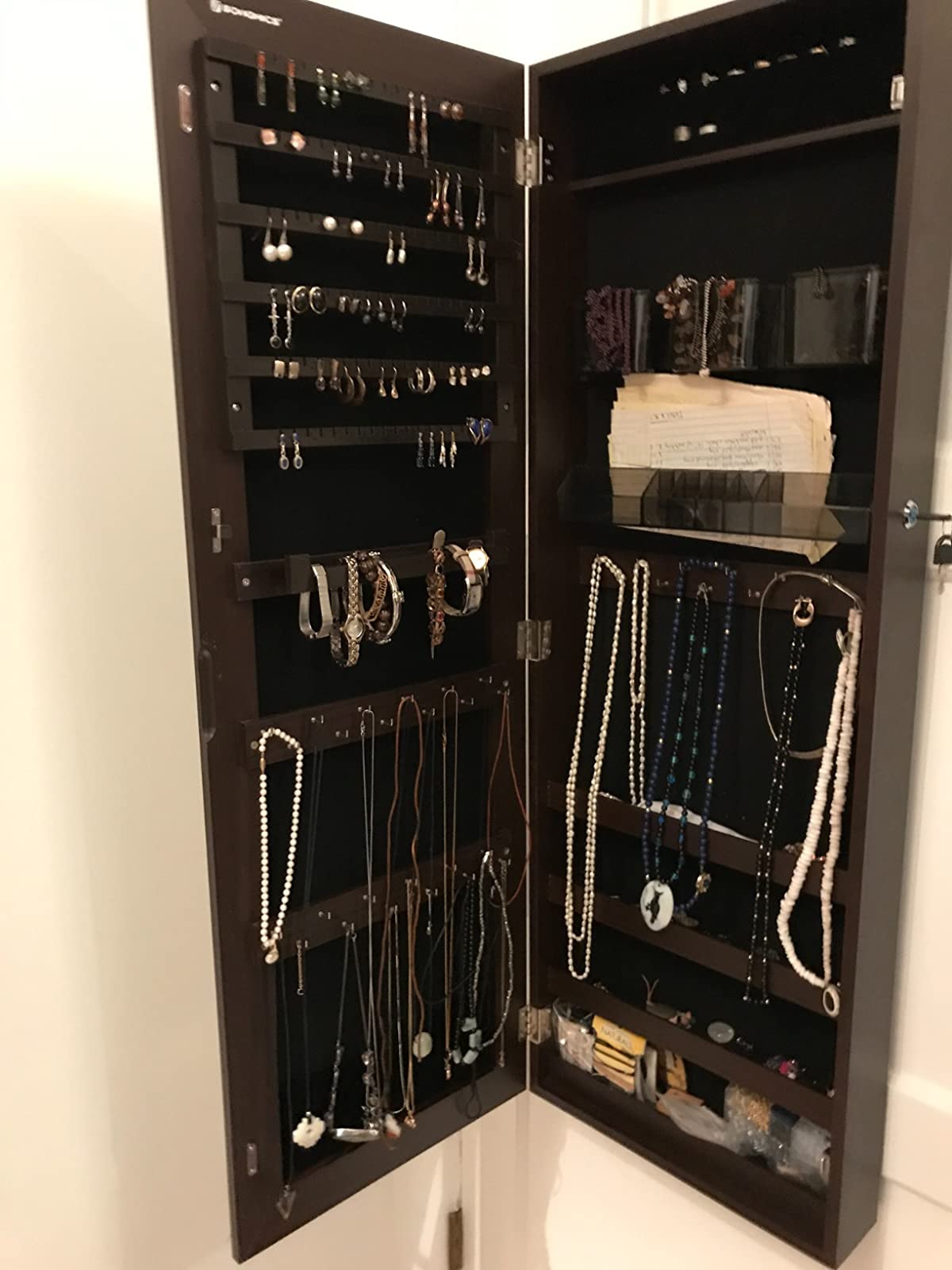 Mirror Jewelry Cabinet Armoire, Lockable Wall-Mounted Storage Organizer Unit with 2 Cosmetic Storage Trays