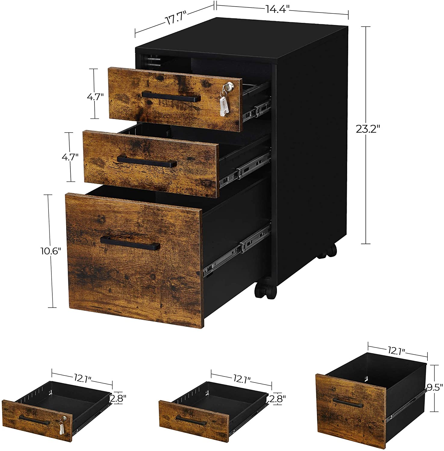 Mobile File Cabinet, Office Filing Cabinet with Wheels and Lock for A4
