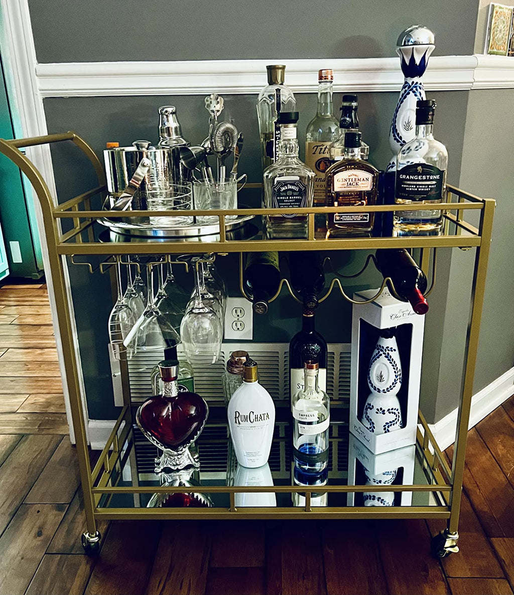 Bar Cart Gold, Home Bar Serving Cart, Wine Cart with 2 Mirrored Shelves