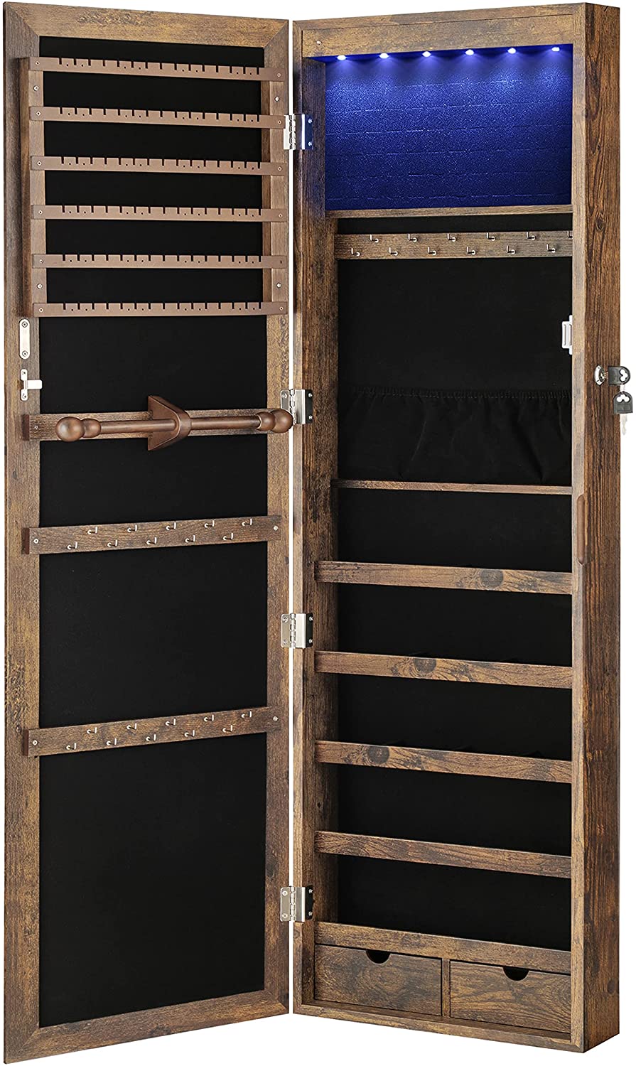 6 LEDs Jewelry Cabinet, Lockable Wall/Door Mounted Jewelry Armoire Organizer with Mirror and 2 Drawers