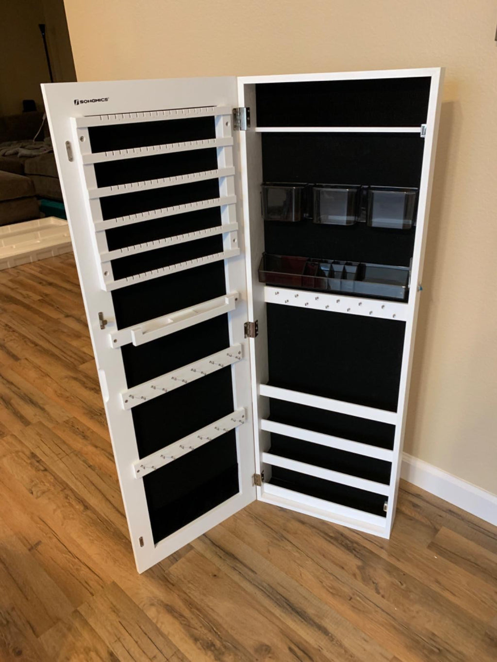 Mirror Jewelry Cabinet Armoire, Lockable Wall-Mounted Storage Organizer Unit