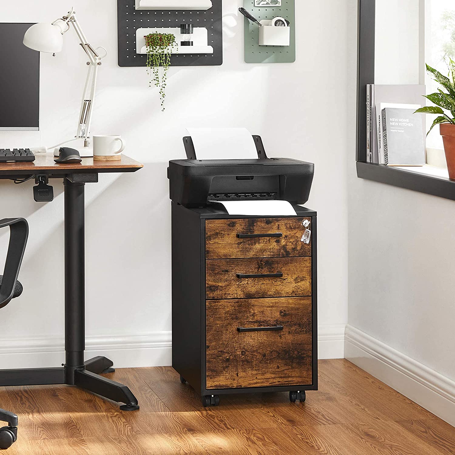 Mobile File Cabinet, Office Filing Cabinet with Wheels and Lock for A4