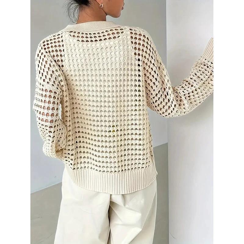 Women's Plus Size Cardigan Lightweight Hollow Out V-Neck Button Down Long Sleeve Knit Coat, 0XL-4XL