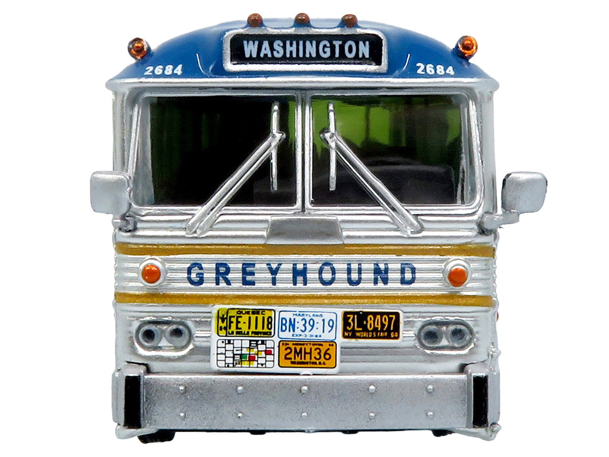 1964 MCI MC-5A Coach Bus "Greyhound Golden Anniversary" Silver with Blue and Gold Stripes "Vintage Bus & Motorcoach Collection" Limited Edition to 504 pieces Worldwide 1/87 (HO) Diecast Model by Iconic Replicas