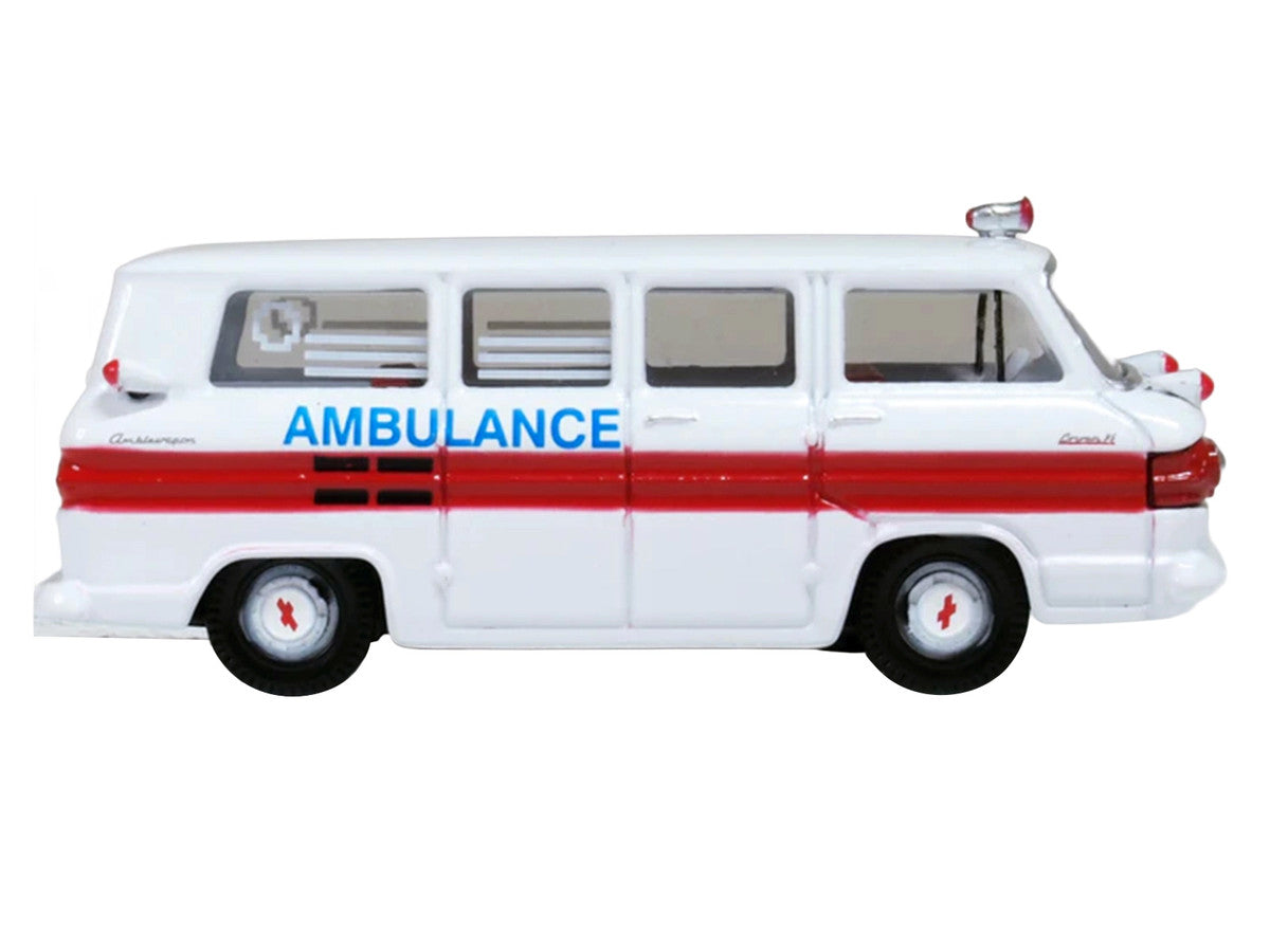 1962 Chevrolet Corvair Greenbrier AmbleWagon Ambulance White with Red Stripes 1/87 (HO) Scale Diecast Model Car by Oxford Diecast